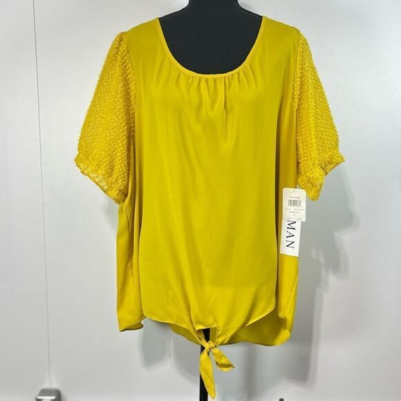 New Retrology Turmeric Metallic Tie Puff Sleeve Blouse Sz 2x Women’s Yellow - Picture 1 of 9